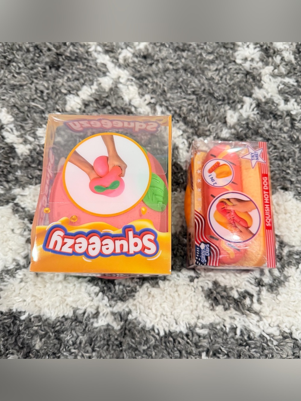 NWT Squeeezy Pink Peach and Hot Dog Squishy Toy Set of 2